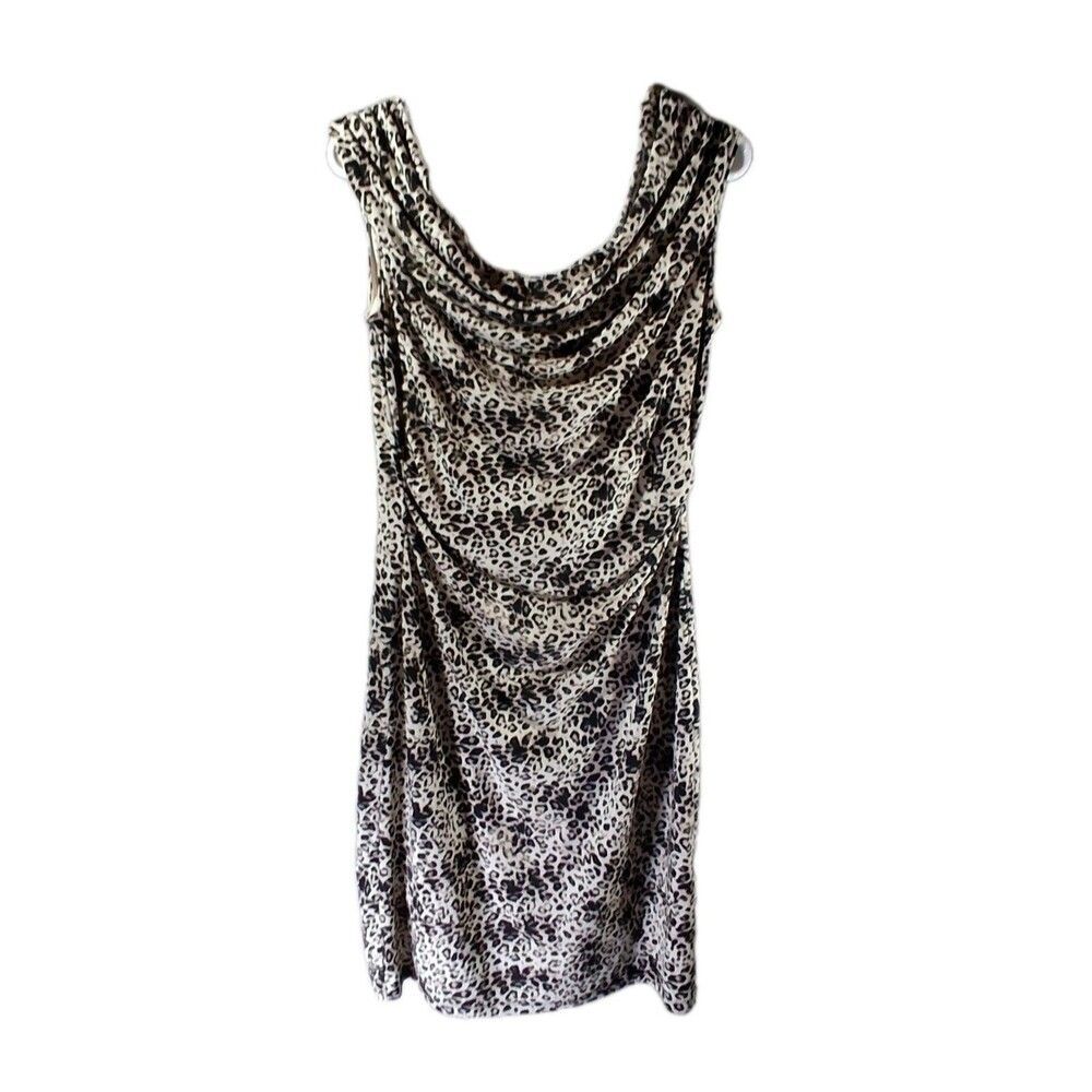 Larry Levine Leopard Print Cowl Neck Ruched Sheath Dress Small S Travel Wear